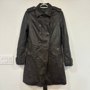 GUESS Womens Leather Jacket Small Chocolate Brown Pea Double Breasted Belt